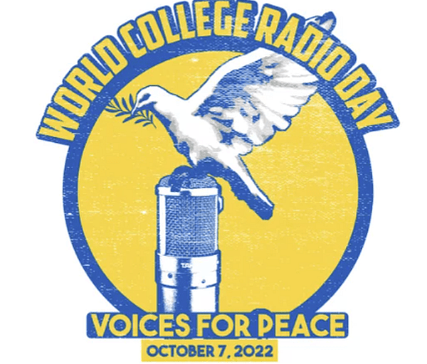 World College Radio Day logo - a dove coming to rest on a microphone. This year's theme - voices for peace.