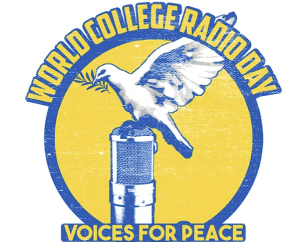 World College Radio Day logo - a dove coming to rest on a microphone. This year's theme - voices for peace.
