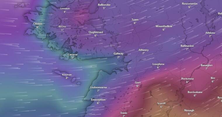 A screenshot of the colour coded windspeed projection for Friday morning across the west coast of Ireland.